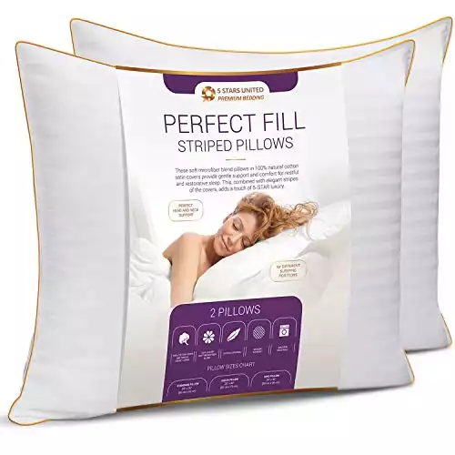 5 STARS UNITED Standard Size Pillows - Set of 2, 20x26, Super Soft Fiber Fill - Striped Satin Cotton Covers