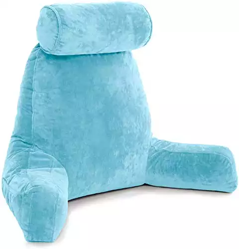 Husband Pillow - Carolina Blue, Big Backrest Reading Bed Rest Pillow with Arms, Plush Memory Foam Fill, Remove Neck Roll Off Bungee, Change Covers, Zipper On Shell of Bed Chair for Adjustable Loft
