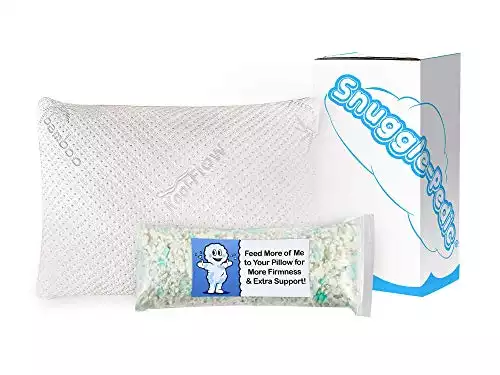 Snuggle-Pedic Ultra-Luxury Bamboo Shredded Memory Foam Pillow Combination with Adjustable Fit and Zipper Removable Kool-Flow Breathable Cooling Hypoallergenic Pillow Cover (Queen)