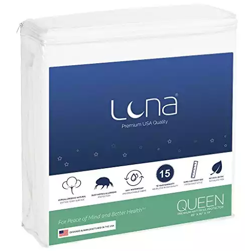 LUNA Queen Size Premium Hypoallergenic Waterproof Mattress Protector - Made in The USA - Vinyl Free