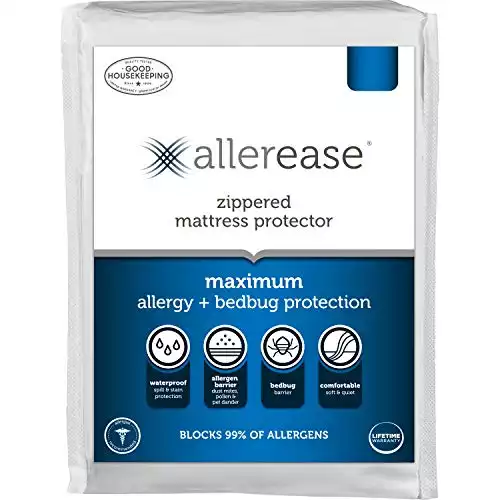 AllerEase Maximum Allergy and Bed Bug Waterproof Zippered Mattress Protector - Allergist Recommended to Prevent Collection of Dust Mites and Other Allergens, Vinyl Free & Hypoallergenic, Queen Siz...