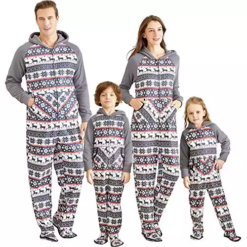 IFFEI Matching Family Footed Pajamas Hoodie Sleeper Christmas PJ's Festival Snowflake Plush Cozy Warm Onesie Kids: 3-4 Years Grey